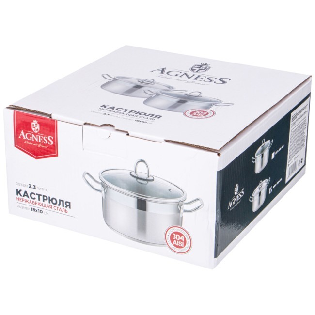 Кастрюля agness 18x10 см 2,3 л высококачественная нерж сталь 18/10 со стекл.крышкой Agness (916-451)