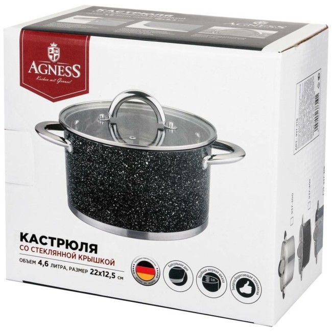 Кастрюля agness со стеклянной крышкой, нерж.сталь, серия black marble 4,6л 22х12,5см Agness (937-308)