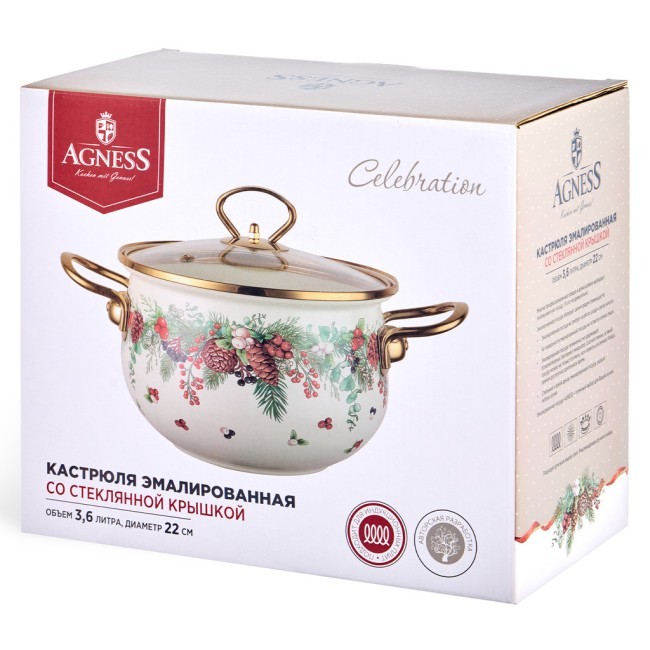 Кастрюля эмалированная agness со стеклянной крышкой серия "celebration", 3.6 л, 22*13 см Agness (943-085) Кастрюля эмалированная agness со стеклянной крышкой серия "celebration", 3.6 л, 22*13 см Agness (943-085)