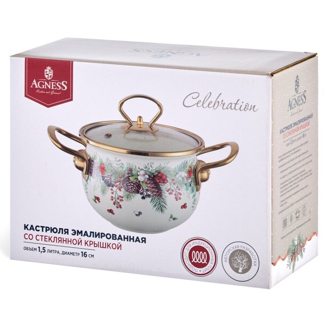 Кастрюля эмалированная agness со стеклянной крышкой серия "celebration", 1.5 л, 16*10 см Agness (943-082)