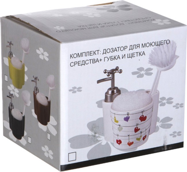 Комплект:дозатор для моющего средства+губка и щетка 13*13*14 см.300 мл. Lefard (755-095)