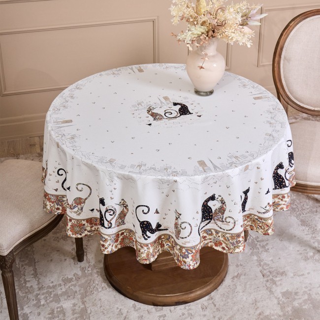 Скатерть круглая "парижские коты" ,150 см, твилл ,белый,пропитка Lefard (850-746-23)