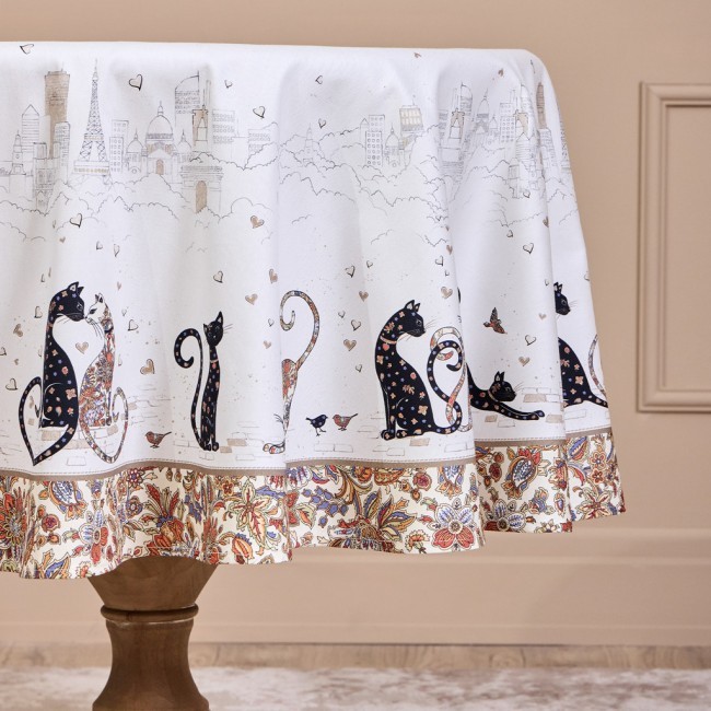 Скатерть круглая "парижские коты" ,150 см, твилл ,белый,пропитка Lefard (850-746-23)