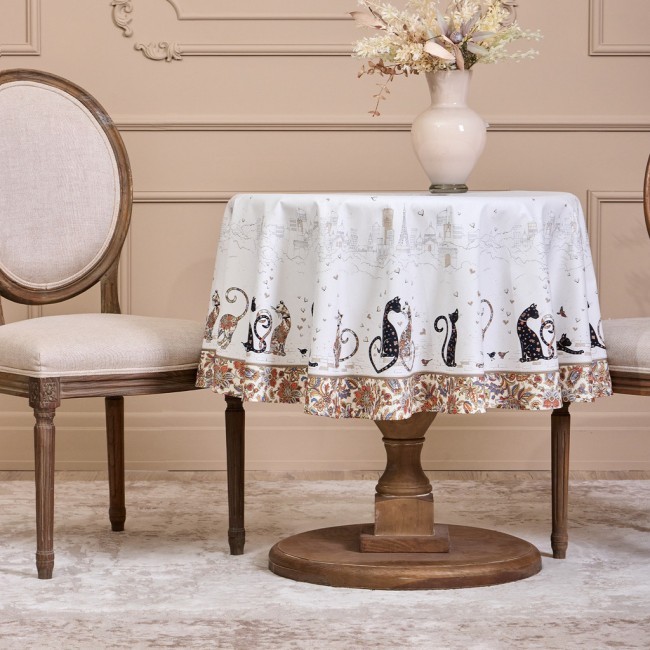 Скатерть круглая "парижские коты" ,150 см, твилл ,белый,пропитка Lefard (850-746-23)