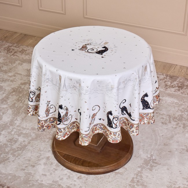 Скатерть круглая "парижские коты" ,150 см, твилл ,белый,пропитка Lefard (850-746-23)