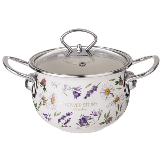 Кастрюля agness эмалированная со стеклянной крышкой серия "flower story", 1,5 л диа. 16см Agness (943-095)