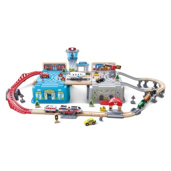 Железная дорога для детей "Мега Метрополис", 80 предметов в контейнере, поезд на батарейках (E3773_HP)