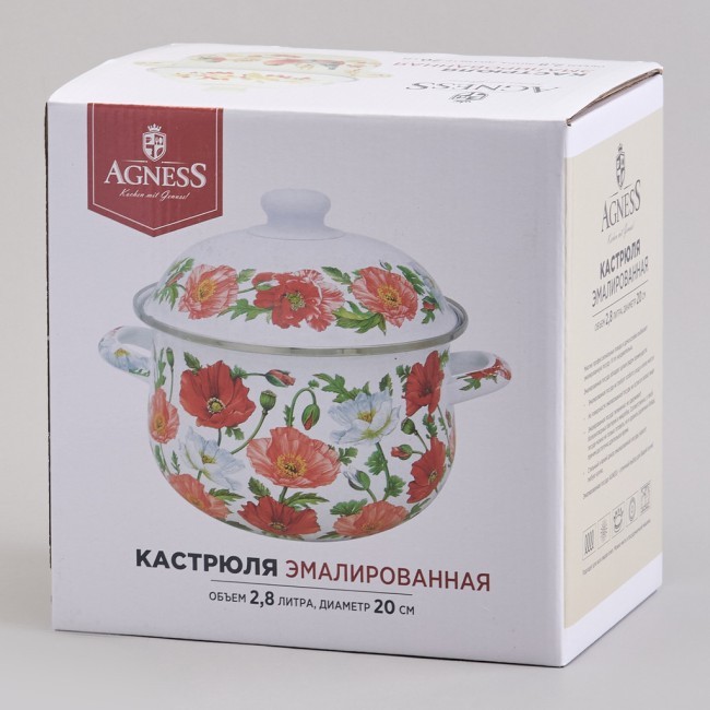 Кастрюля agness эмалированная с эмал.крышкой серия "маки", 2.8 л, 20*12 см Agness (934-742)