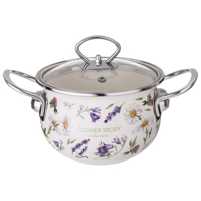 Кастрюля agness эмалированная со стеклянной крышкой серия "flower story", 2,0 л диа. 18см Agness (943-096)