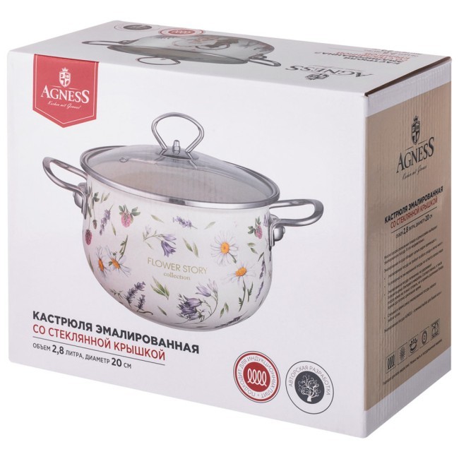 Кастрюля agness эмалированная со стеклянной крышкой серия "flower story", 2,8 л диа. 20см Agness (943-097)
