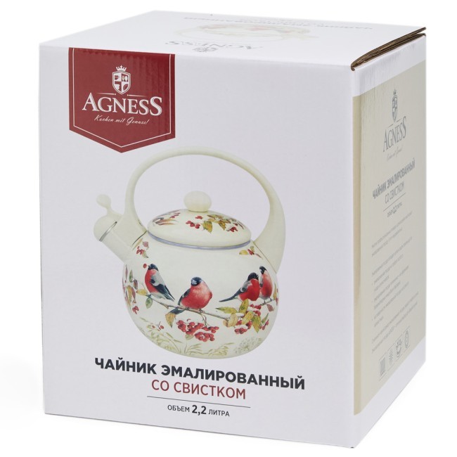 Чайник agness эмалированный со свистком серия "снегири", 2,2л, индукционное дно Agness (934-749) Чайник agness эмалированный со свистком серия "снегири", 2,2л, индукционное дно Agness (934-749)