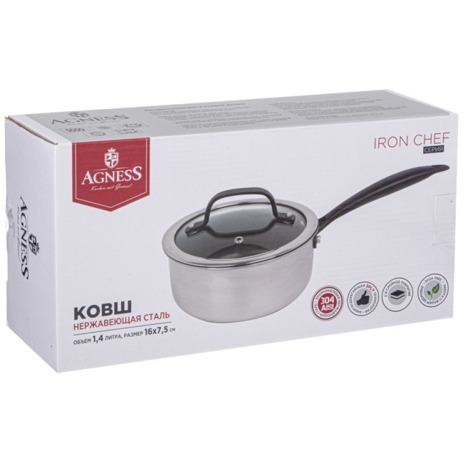 Ковш с крышкой 1,4л "iron chef" agness 16*7,5см технология 3-ply, нерж.сталь 18/10 Agness (947-100)