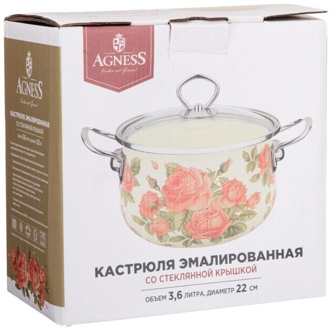 Кастрюля agness эмалированная со стекл. крышкой серия "корейская роза" 3.6 л, 22*13 см Agness (915-138) Кастрюля agness эмалированная со стекл. крышкой серия "корейская роза" 3.6 л, 22*13 см Agness (915-138)