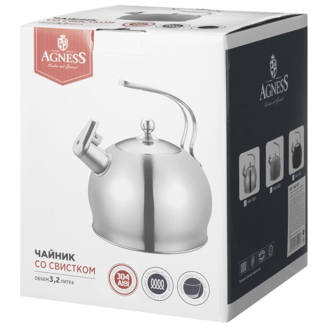 Чайник agness со свистком 3,2л, термоаккумулирующее дно, 304 сталь, индукция Agness (948-1002)