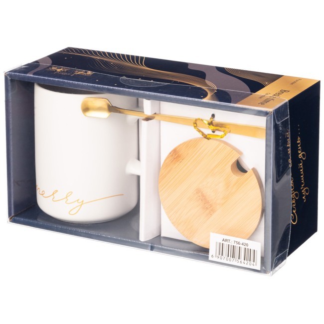 Кружка белая 380 мл с крышкой и ложкой в подарочной упаковке Lefard (756-420)