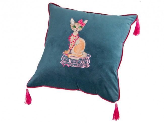 Декоративная подушка "мурка" 45х45, бирюза, вышивка, 100%пэ SANTALINO (850-827-15)