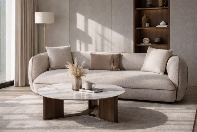 Диван Амели (Amelia) трехместный букле светлый 253*100*67см с бежевым кантом (TT-00016098)