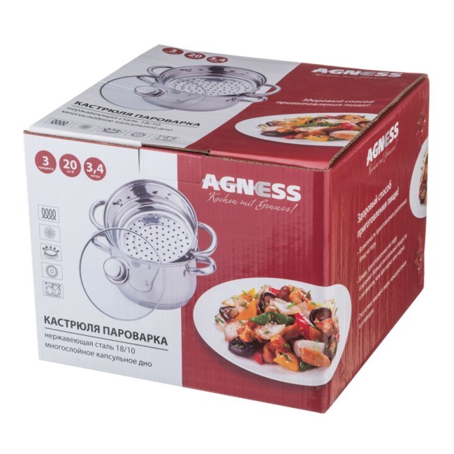 Кастрюля-пароварка agness 2-х ярусная, 3 предмета, серия "classic" диаметр=20см, 3,2л Agness (933-503) Кастрюля-пароварка agness 2-х ярусная, 3 предмета, серия "classic" диаметр=20см, 3,2л Agness (933-503)
