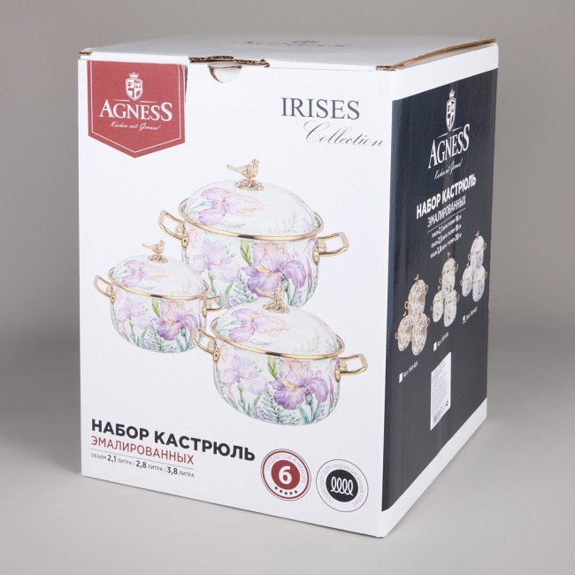 Набор кастрюль agness эмалированных серия "irises", 6пр. 2,1л, 2,8л и 3,8л Agness (950-607)