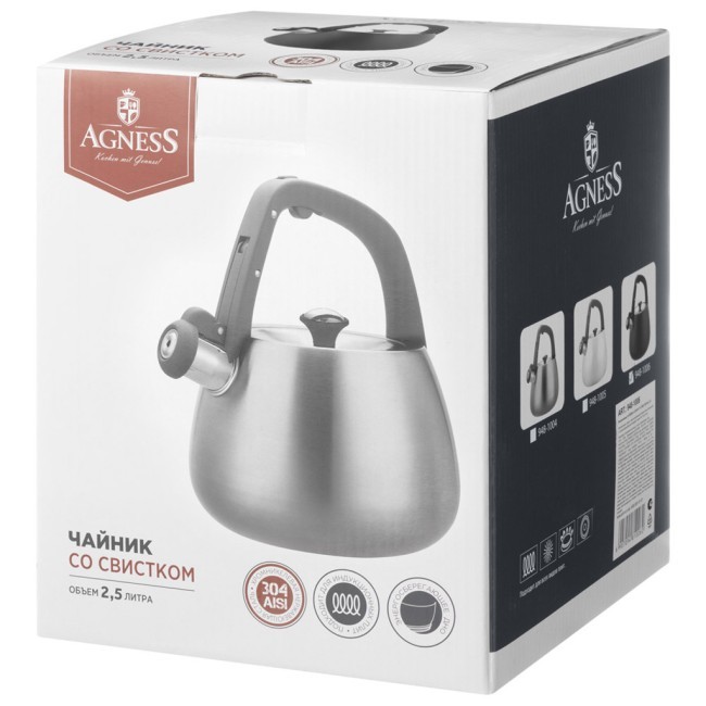 Чайник agness со свистком 2,5л, термоаккумулирующее дно, 304 сталь, индукция Agness (948-1006)