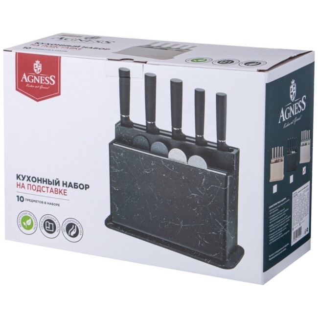 Набор agness из 10пр: 5 ножей, 4 доски и подставка, цвет: бело-серый Agness (671-212)