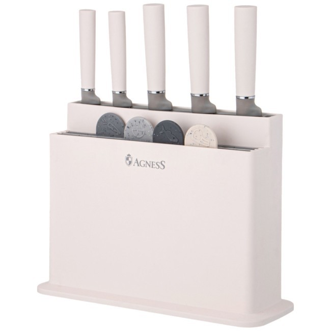 Набор agness из 10пр: 5 ножей, 4 доски и подставка, цвет: бело-серый Agness (671-212)