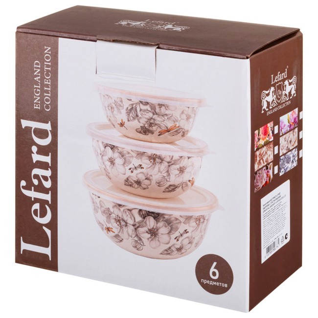 Набор мисок lefard эмалирован. с пластик.крышками, серия irises 6пр. 14/16/18см, 0,6/0,9/1,3л Lefard (950-754)