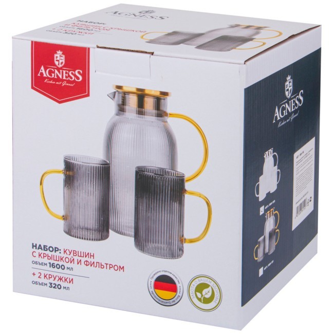 Набор agness "smoky" кувшин с крышкой фильтром 1600 мл + 2 кружки 320 мл цвет:дымчатый Agness (889-151)