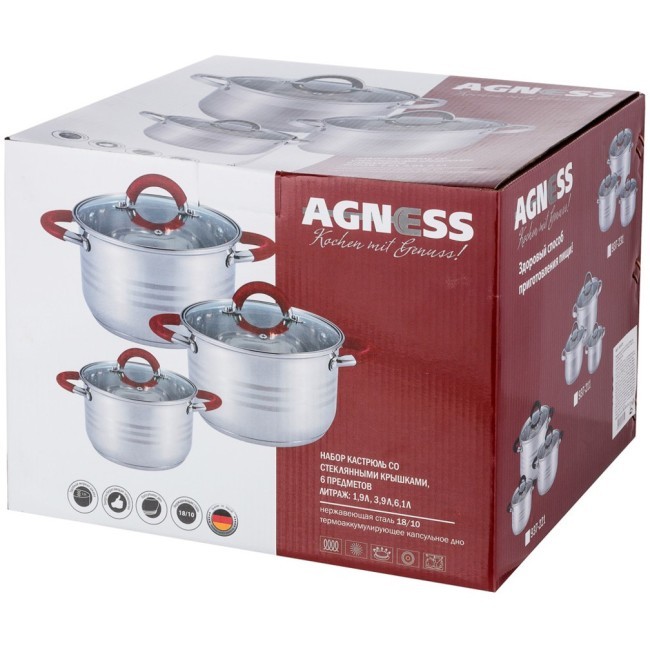 Набор кастрюль agness, 6пр.1,9/3,9/6,1 л, диа. 16/20/24см, нерж.сталь со стекл.крышками, силикон.руч Agness (937-231)