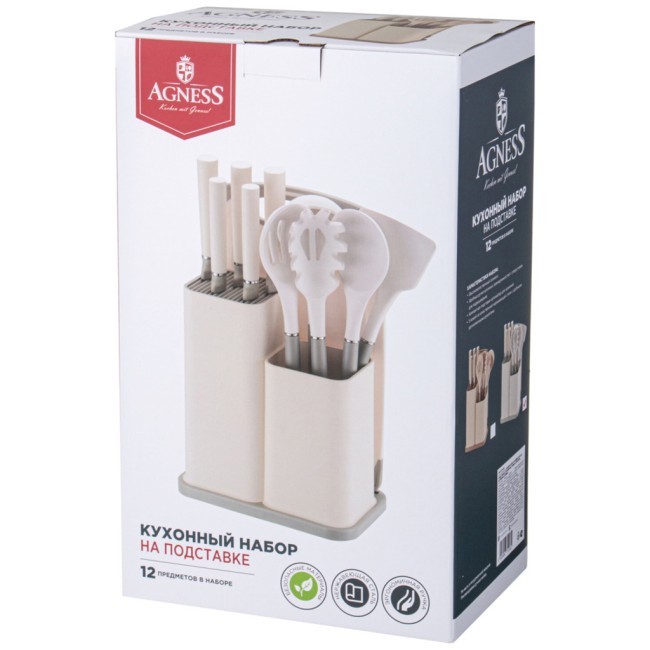 Набор agness из 12пр: 5 ножей,доска,подставка,половник,ложка,лопатка,шумовка,ложка для спагетти Agness (671-213)