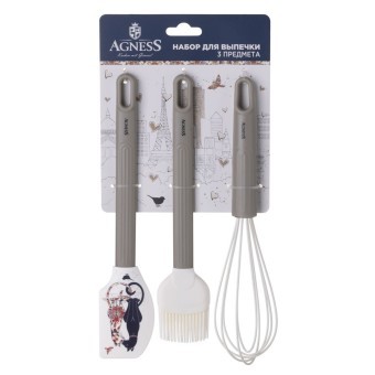 Набор: венчик, лопатка, кисточка agness, 3 предмета, серия "парижские коты" Agness (671-033) Набор: венчик, лопатка, кисточка agness, 3 предмета, серия "парижские коты" Agness (671-033)