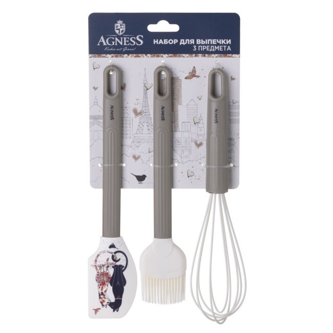 Набор: венчик, лопатка, кисточка agness, 3 предмета, серия "парижские коты" Agness (671-033)