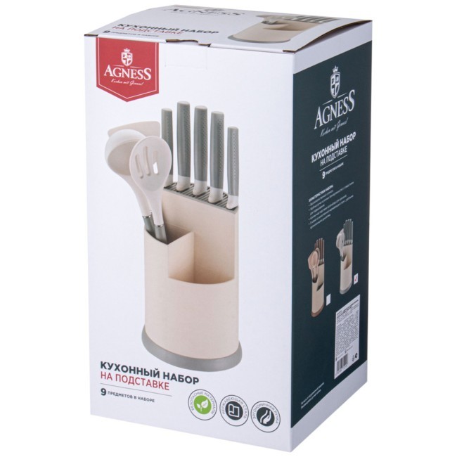 Набор agness из 9пр: 5 ножей, половник, лопатка и шумовка, вращающаяся подставка, цвет: серый Agness (671-211)