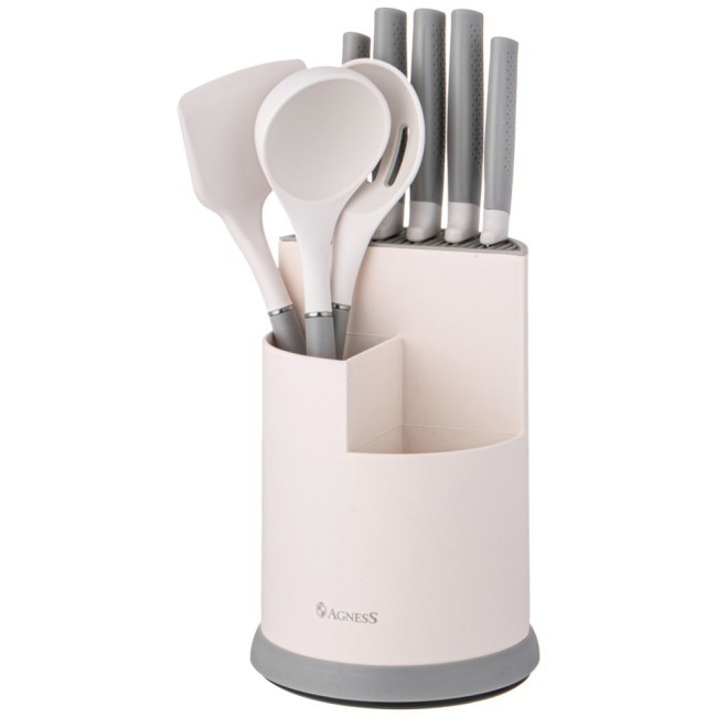 Набор agness из 9пр: 5 ножей, половник, лопатка и шумовка, вращающаяся подставка, цвет: серый Agness (671-211)