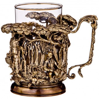 Подстаканник "грибник" латунь,жаропрочное стекло с позолоченной каемкой (385-184) 