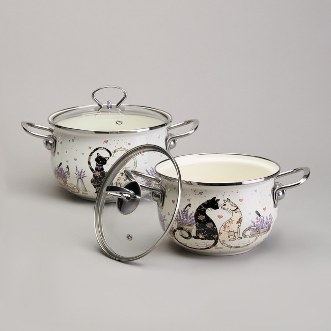 Набор кастрюль эмалированный, серия "lavender cats" 4пр. 2,0/2,8л диа.18/20см Agness (943-102) Набор кастрюль эмалированный, серия "lavender cats" 4пр. 2,0/2,8л диа.18/20см Agness (943-102)