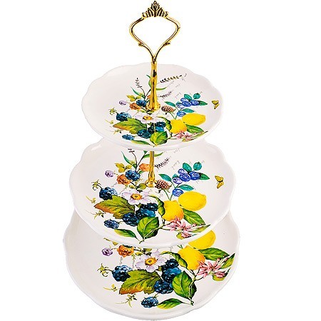 Конфетница 3-х ярусная Лесные ягоды с лимонами доломит/ металл LR (60155) Конфетница 3-х ярусная Лесные ягоды с лимонами доломит/ металл LR (60155)
