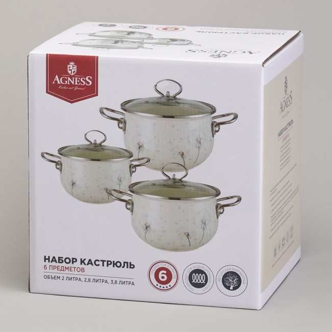 Набор кастрюль эмалированный, серия "dandelion" 6пр. 2,0/2,8/3,8л диа.18/20/22см Agness (943-105) Набор кастрюль эмалированный, серия "dandelion" 6пр. 2,0/2,8/3,8л диа.18/20/22см Agness (943-105)