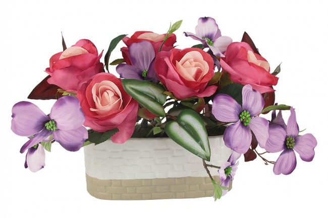 Декоративные цветы Розы малиновые с сиреневыми цветами в керамической вазе - DG-J7526 Dream Garden
