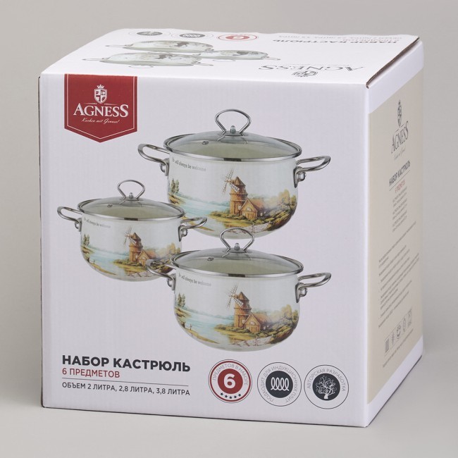 Набор кастрюль эмалированный, серия "family house" 6пр. 2,0/2,8/3,8л диа.18/20/22см Agness (943-106) Набор кастрюль эмалированный, серия "family house" 6пр. 2,0/2,8/3,8л диа.18/20/22см Agness (943-106)