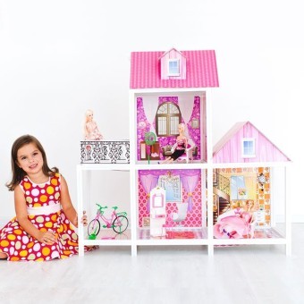 Деревянный кукольный домик 2 этажный, с мебелью 4 предмета, велосипед, для кукол 30 см (PPCD116-01)
