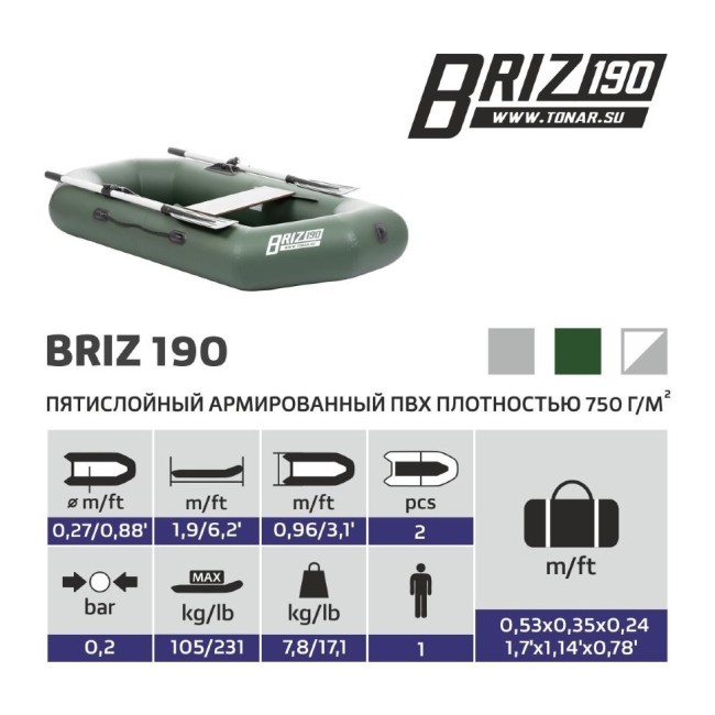 Лодка ПВХ Тонар Бриз 190 (зеленая) (73603)