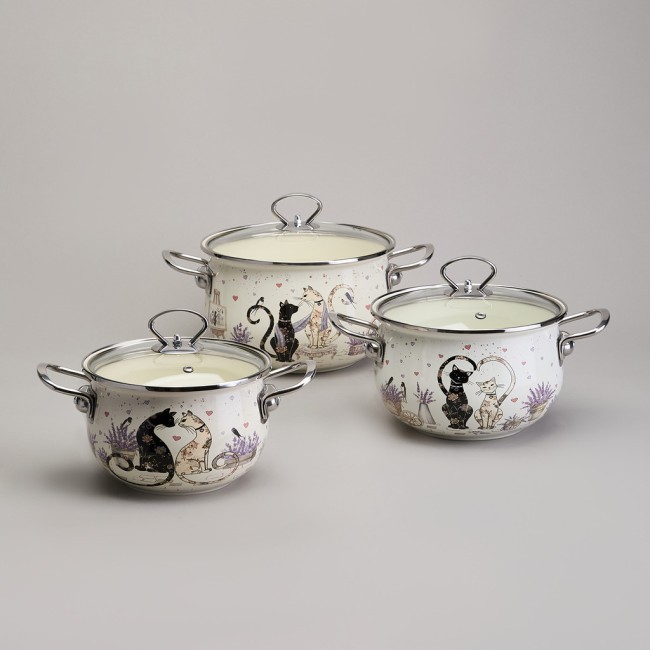 Набор кастрюль эмалированный, серия "lavender cats 6пр. 2,0/2,8/3,8л диа.18/20/22см Agness (943-107)