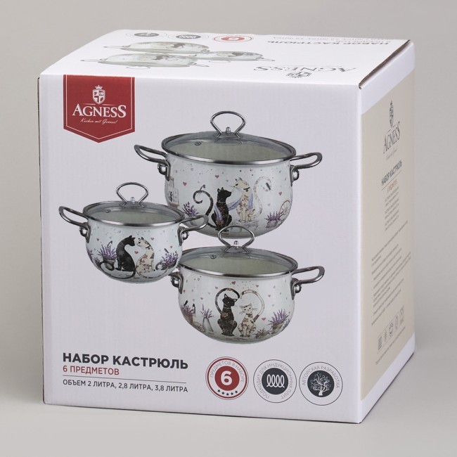 Набор кастрюль эмалированный, серия "lavender cats 6пр. 2,0/2,8/3,8л диа.18/20/22см Agness (943-107) Набор кастрюль эмалированный, серия "lavender cats 6пр. 2,0/2,8/3,8л диа.18/20/22см Agness (943-107)