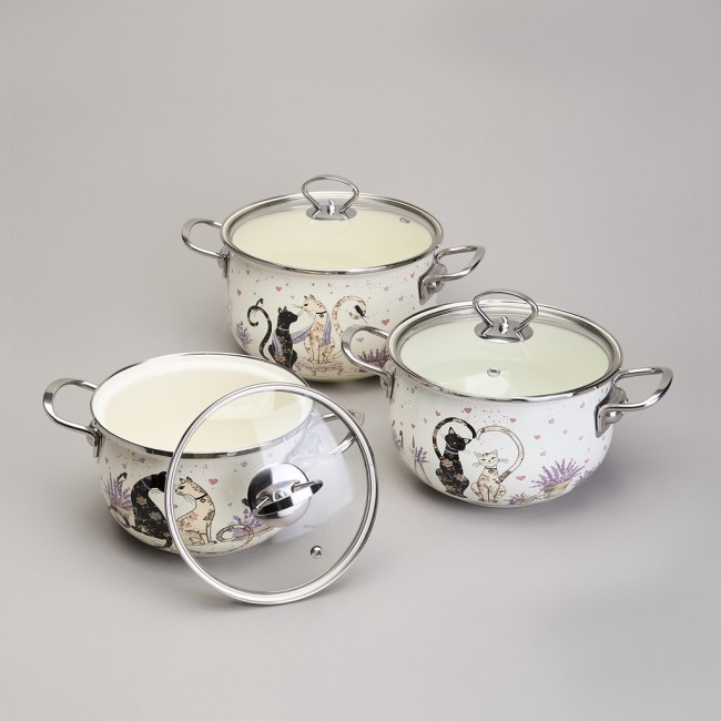 Набор кастрюль эмалированный, серия "lavender cats 6пр. 2,0/2,8/3,8л диа.18/20/22см Agness (943-107) Набор кастрюль эмалированный, серия "lavender cats 6пр. 2,0/2,8/3,8л диа.18/20/22см Agness (943-107)