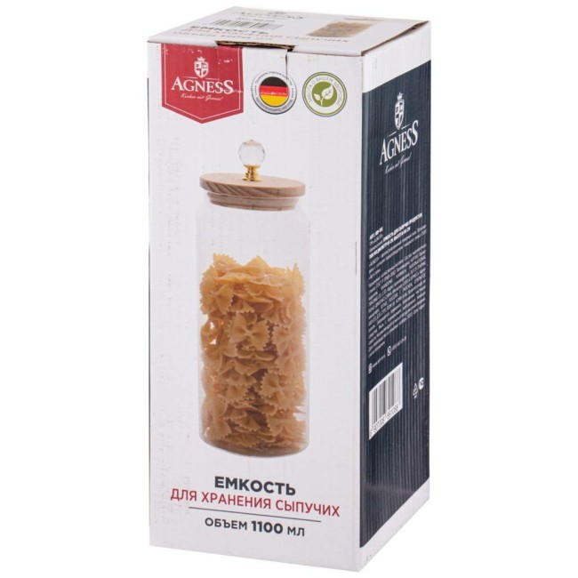 Емкость для сыпучих продуктов agness "kristall" 1100 мл диаметр=9 см. высота=24 см цвет:прозрачный Agness (889-108)