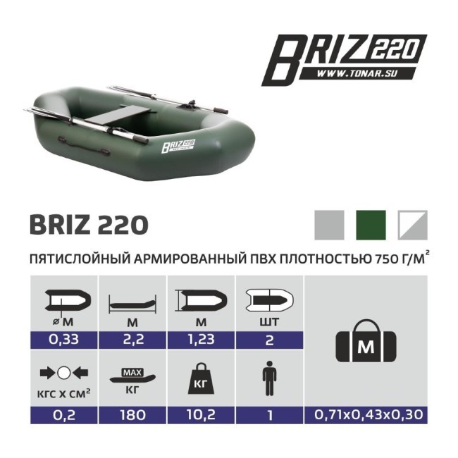 Лодка ПВХ Тонар Бриз 220 (зеленая) (73604)