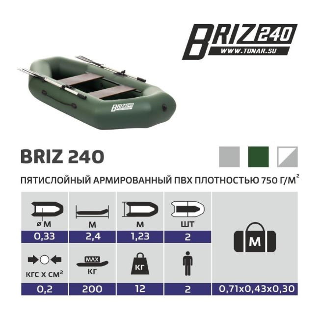 Лодка ПВХ Тонар Бриз 240 (зеленая) (73605)