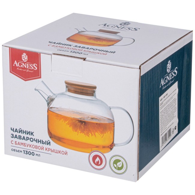 Чайник заварочный 1300 мл. с бамбуковой крышкой Agness (887-252)