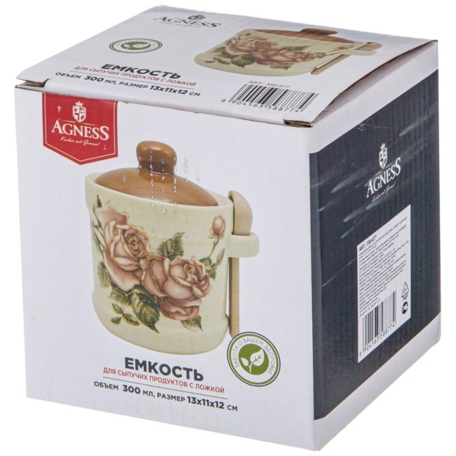 Емкость для сыпучих продуктов с ложкой "корейская роза" 13*11*12 см / 300 мл Agness (358-877)